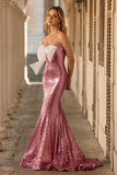 Sparkly Pink Bowed Mermaid Strapless Prom Dress