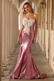 Sparkly Pink Bowed Mermaid Strapless Prom Dress