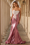 Sparkly Pink Bowed Mermaid Strapless Prom Dress