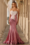Sparkly Pink Bowed Mermaid Strapless Prom Dress