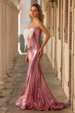 Sparkly Pink Bowed Mermaid Strapless Prom Dress