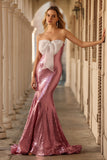 Sparkly Pink Bowed Mermaid Strapless Prom Dress