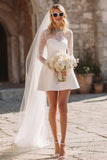 White Long Sleeve A Line Lace Short Engagement Dress