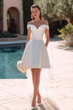 Off the Shoulder White Satin A Line Engagement Dress