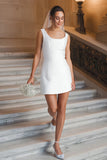 Scoop Neck White Satin Sequin Short Engagement Dress