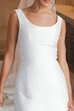 Scoop Neck White Satin Sequin Short Engagement Dress