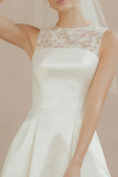 White A Line Satin Sleeveless Engagement Dress with Lace