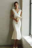 Mermiad V Neck White Satin Midi Engagement Dress