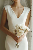 Mermiad V Neck White Satin Midi Engagement Dress