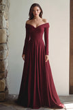 Burgundy Off the Shoulder A Line Long Evening Dress