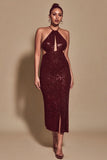 Sparkly Halter Cut Out Bodycon Burgundy Evening Dress
