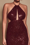 Sparkly Halter Cut Out Bodycon Burgundy Evening Dress