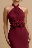 Halter Mermaid Burgundy Evening Dress with 3D Flowers