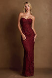 Burgundy Strapless Embroidered Mermaid Evening Dress