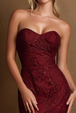Burgundy Strapless Embroidered Mermaid Evening Dress