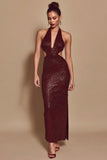 Glitter Burgundy Halter Sheath Cut Out Evening Dress