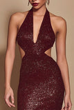 Glitter Burgundy Halter Sheath Cut Out Evening Dress