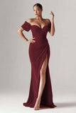 Off the Shoulder Mermaid Ruched Red Evening Dress with Slit