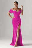 Off the Shoulder Mermaid Ruched Red Evening Dress with Slit
