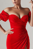 Off the Shoulder Mermaid Ruched Red Evening Dress with Slit