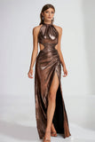 Halter Coffee Cut Out Sheath Evening Dress