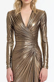 Long Sleeve V Neck Sheath Ruched Grey Gold Evening Dress