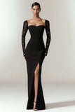 Long Sleeve Black Square Neck Evening Dress with Lace