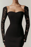 Long Sleeve Black Square Neck Evening Dress with Lace