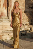 Simple Spaghetti Straps Satin Gold Evening Dress
