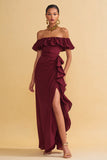 Burgundy Off the Shoulder Ruffled Sheath Evening Dress