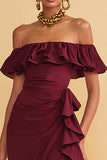 Burgundy Off the Shoulder Ruffled Sheath Evening Dress