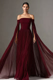 Off the Shoulder Burgundy Pleated Evening Dress with Cape