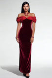 Velvet Off the Shoulder Burgundy Bodycon Evening Dress
