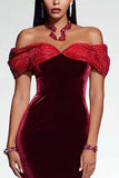 Velvet Off the Shoulder Burgundy Bodycon Evening Dress