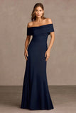 Off the Shoulder Navy A Line Long Formal Dress