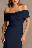 Off the Shoulder Navy A Line Long Formal Dress