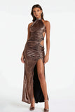Halter Sheath Coffee Ruched Cut Out Evening Dress