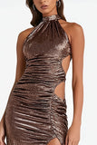 Halter Sheath Coffee Ruched Cut Out Evening Dress