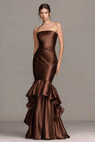 Strapless Coffee Mermaid Satin Evening Dress with Ruffles