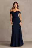 Navy A Line Off the Shoulder Formal Dress