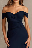 Navy A Line Off the Shoulder Formal Dress