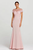 Pink Illusion Neck Mermaid Evening Dress with Appliques