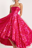 Simple Fuchsia Floral Strapless A Line Prom Dress