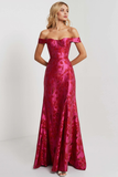 Off the Shoulder Fuchsia Floral A Line Prom Dress