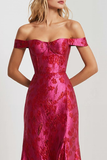 Off the Shoulder Fuchsia Floral A Line Prom Dress