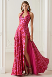 Fuchsia Floral Halter A Line Prom Dress with Slit