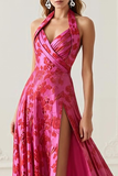 Fuchsia Floral Halter A Line Prom Dress with Slit
