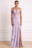 Lilac Off the Shoulder Sheath Embroidered Prom Dress