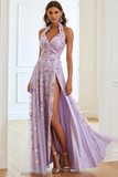 Halter Lilac Embroidered Prom Dress
