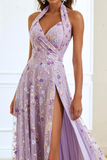 Halter Lilac Embroidered Prom Dress
